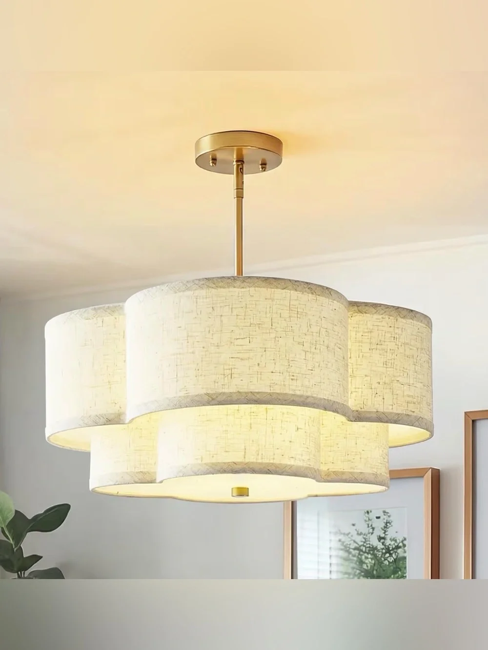 Gold Drum Chandelier 18” Linen Shade Pendant Light 3-Light Farmhouse